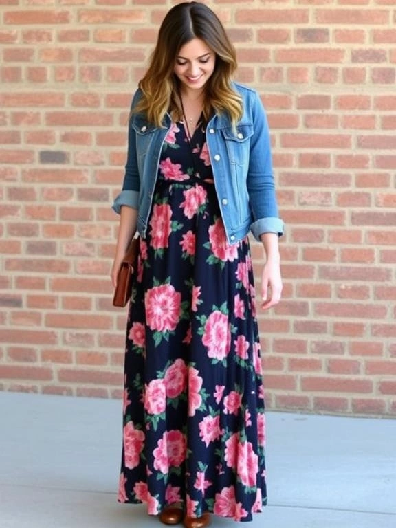 Floral maxi dress paired with a trendy denim jacket for a chic, spring look.