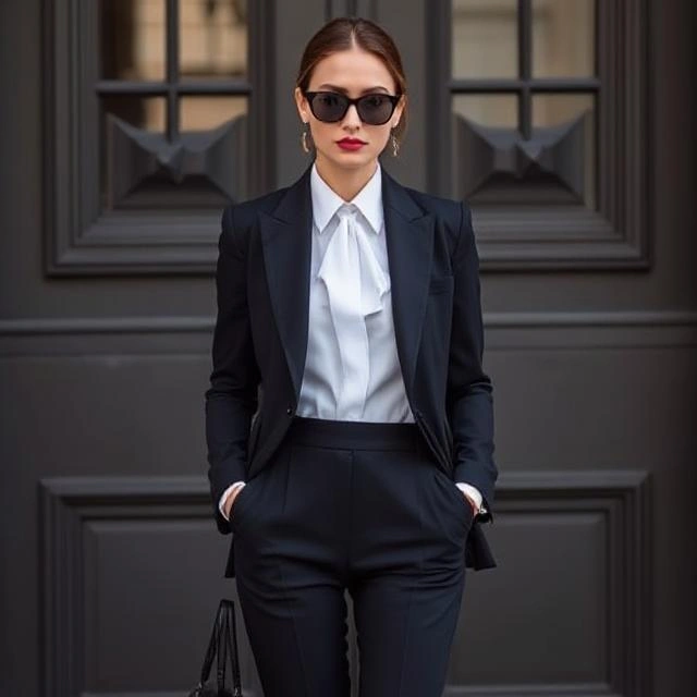 A sophisticated woman wearing a classic tailored suit, exuding elegance and confidence.