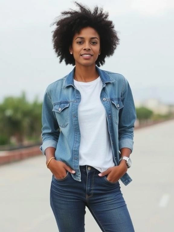 Classic denim and tee duo for a timeless California look.