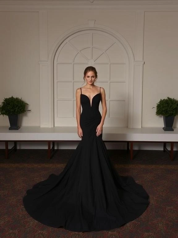 A classic black gown, designed with sleek lines and sophisticated details, perfect for any elegant evening event