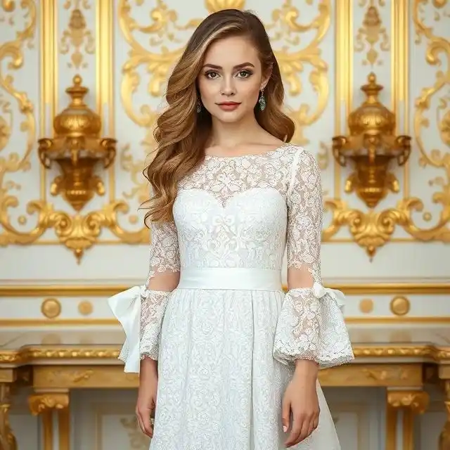 Timeless white lace Rococo dress adorned with elegant gold accents.