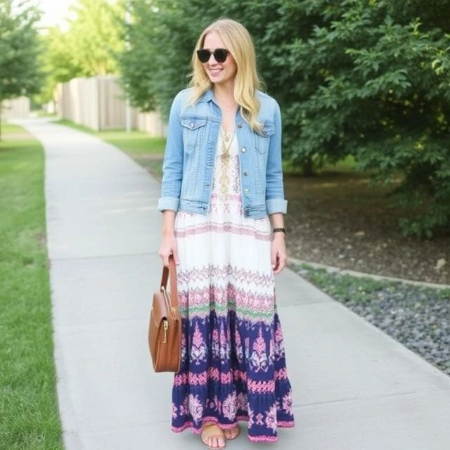 bohemian-inspired maxi dress paired with a denim jacket for a trendy and effortless look.