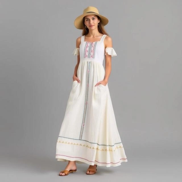 A sustainable maxi dress made from eco-friendly materials, featuring intricate embroidery.