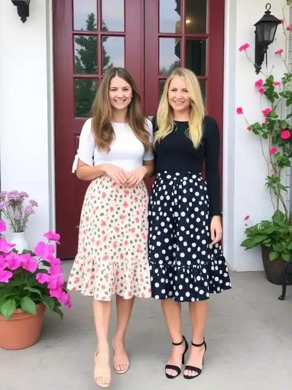 A playful outfit featuring a ruffled top paired with a flowy midi skirt, offering a whimsical and feminine look.