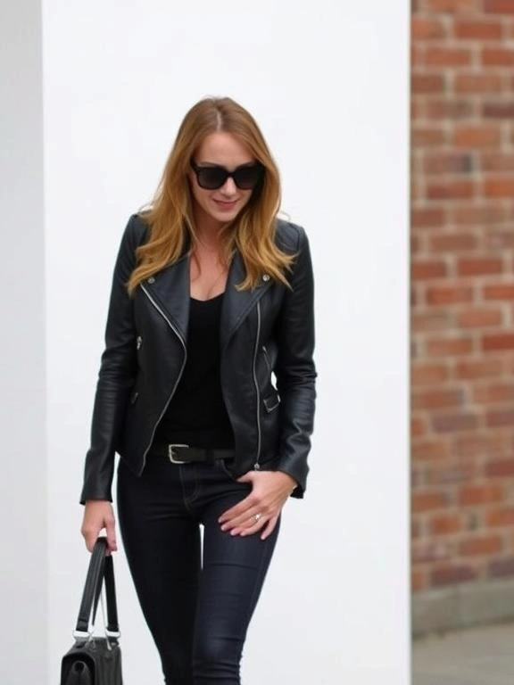 Stylish leather jacket paired with skinny jeans.