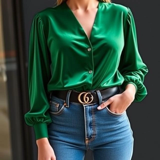 Luxurious green velvet blouse paired with high-waisted jeans for a chic and sophisticated look.