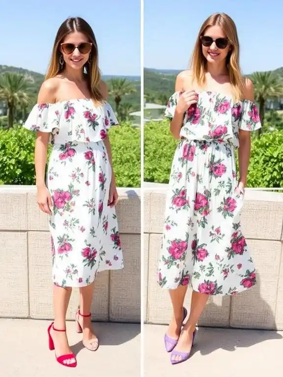 A flirty off-the-shoulder floral dress, featuring a playful neckline and vibrant floral patterns, perfect for a fun, feminine look.