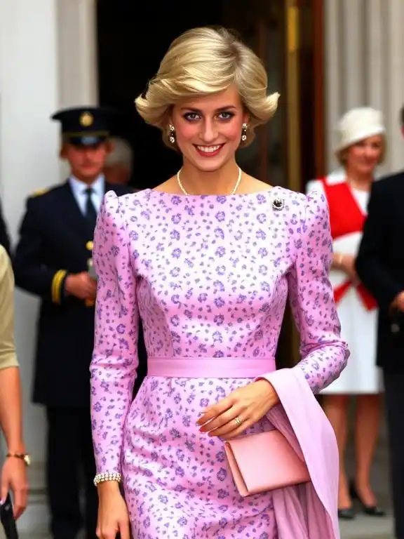 Princess Diana in a striking, elegant outfit, symbolizing her relatable yet royal fashion sense.