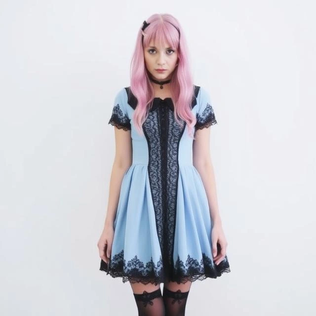 Soft pastel blue gothic dress with black lace for a delicate yet edgy look.