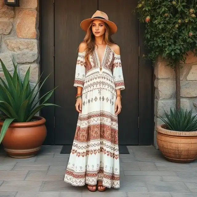 A free-spirited woman wearing a flowy boho chic maxi dress, accessorized with layered necklaces and strappy sandals for a relaxed yet stylish look.