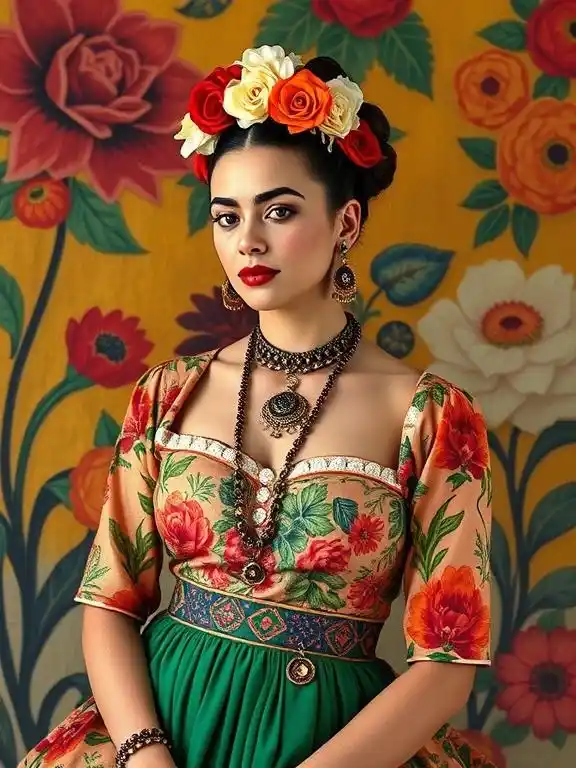 Frida Kahlo in vibrant, traditional attire, showcasing her bold, cultural fashion choices.