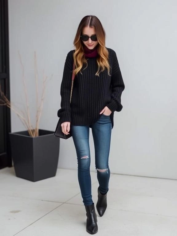 Cozy oversized sweater paired with skinny jeans.