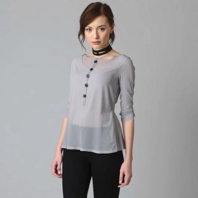 Subtle sophistication with a pastel grey gothic top paired with black pants for an elegant and edgy look.