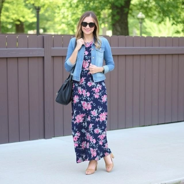 Timeless look with a flowy maxi dress paired with a classic denim jacket for a chic, casual style.