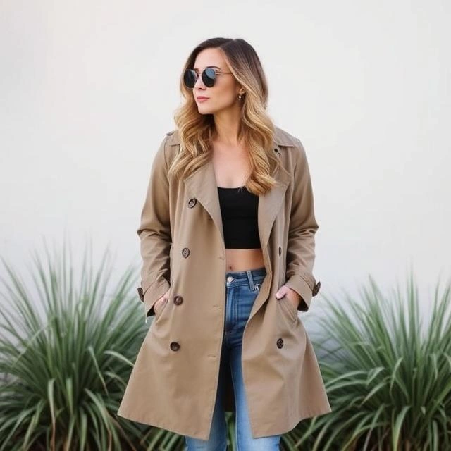 Timeless khaki trench coat paired with a cropped top and jeans for a chic, layered look.