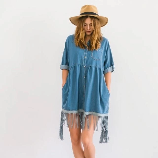 Woman in a vintage fringed hem dress paired with a casual denim jacket, showcasing retro boho style.