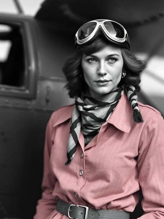 Amelia Earhart in a practical yet stylish aviator jacket, embodying her adventurous spirit and pioneering fashion.