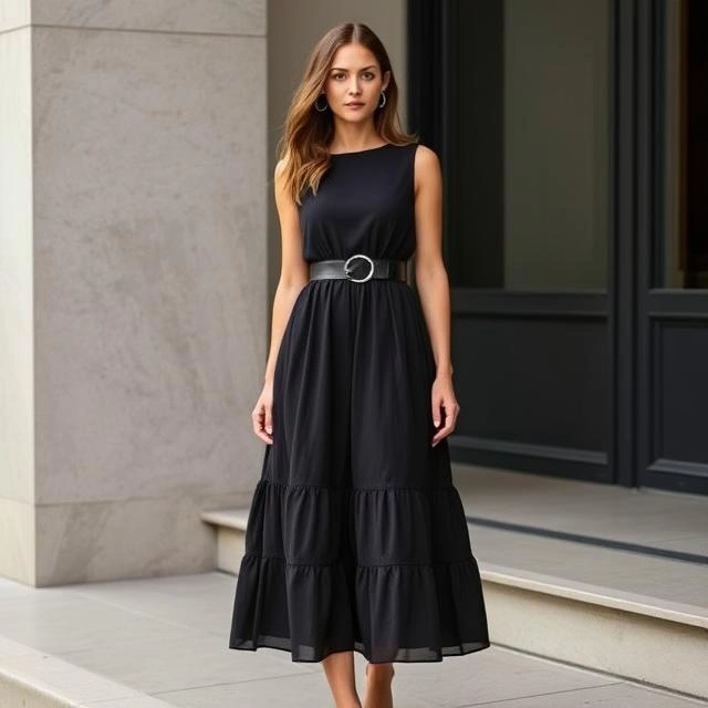 Woman wearing a chic tiered midi dress cinched with a waist-defining belt, exuding effortless boho charm.