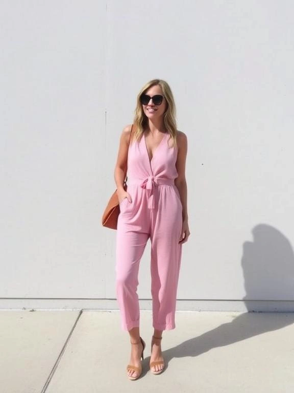 Trendy jumpsuit paired with casual sandals.