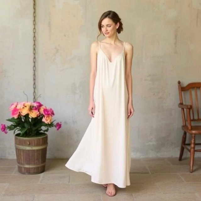 A long silk slip dress with a smooth, flowing fit and vintage-inspired details.