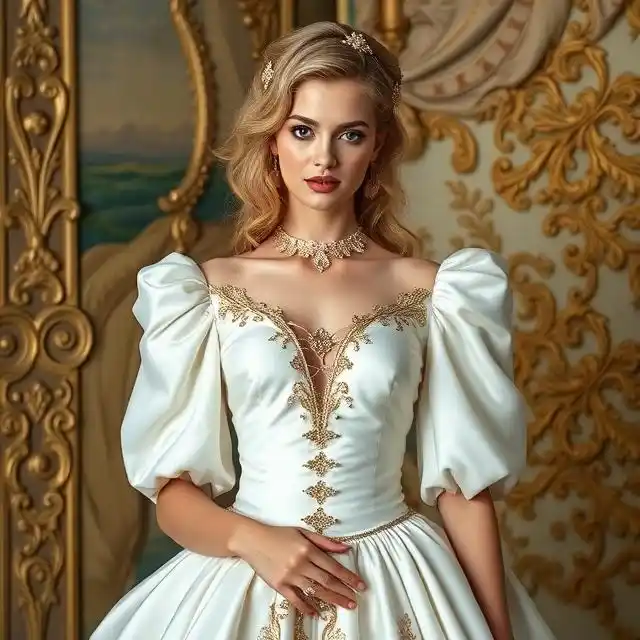 Pure white silk Rococo dress adorned with opulent gold embellishments.