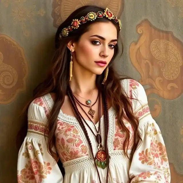 Bohemian and Renaissance fusion dress with flowing fabric and intricate details.