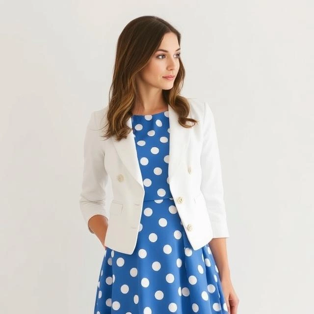 Charming blue polka dot dress paired with a white blazer for a sophisticated and stylish look.