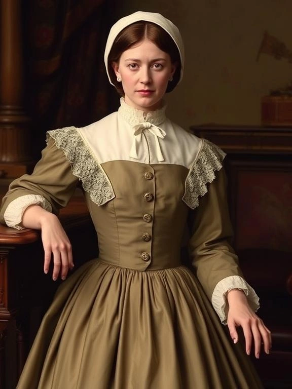 Florence Nightingale in a modest dress and cap, reflecting her dignified and service-oriented fashion.