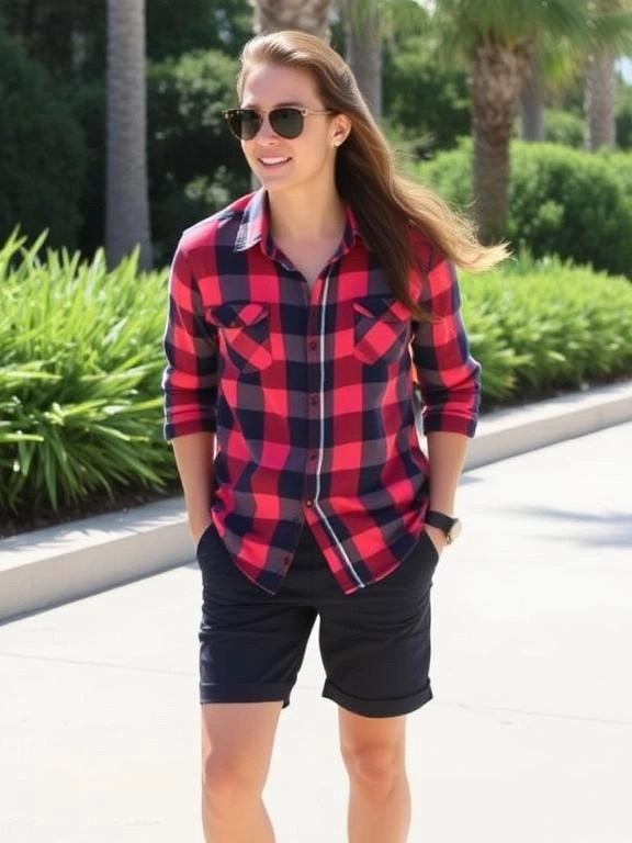 Classic plaid shirt paired with casual shorts for a Cali look.