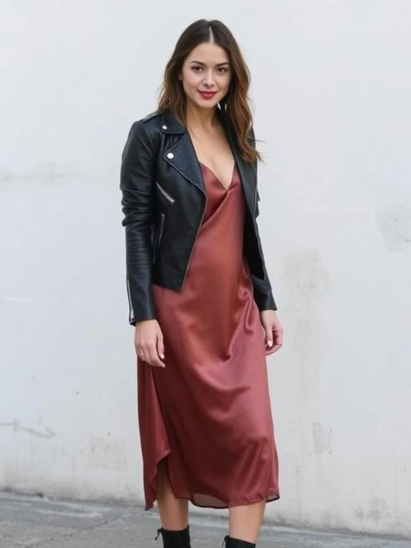 A rebellious satin slip dress paired with a bold leather jacket, creating an edgy, yet feminine look.