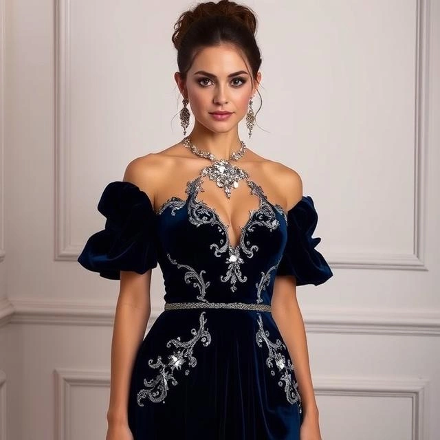 Rich navy blue velvet Rococo dress with shimmering silver details.