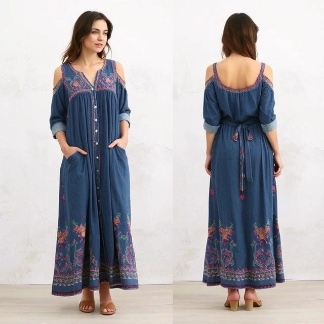 Woman wearing a timeless embroidered maxi dress layered with a denim jacket, exuding effortless boho elegance.