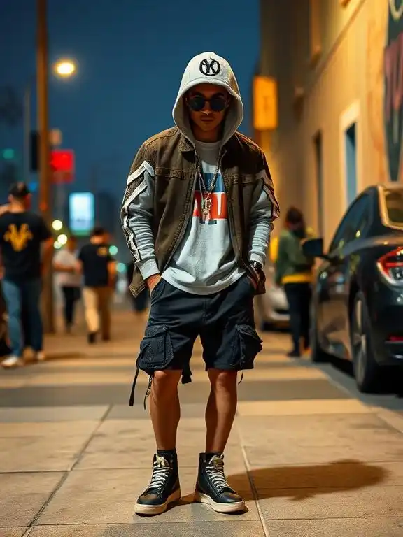 An urban streetwear look featuring oversized hoodies, graphic tees, and sneakers, showcasing bold and edgy street style.