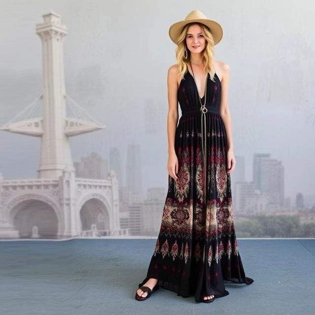 A bohemian maxi dress with intricate details, offering a unique and free-spirited edge.