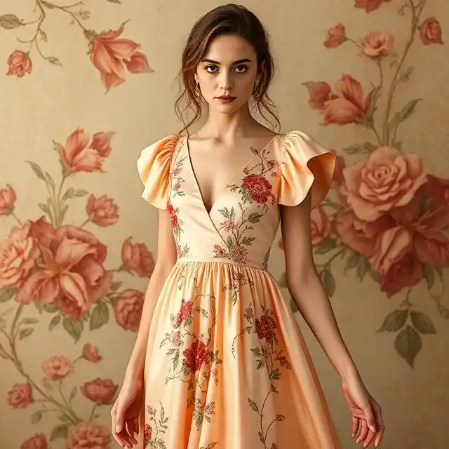 Peach silk Rococo dress adorned with beautiful floral embroidery.