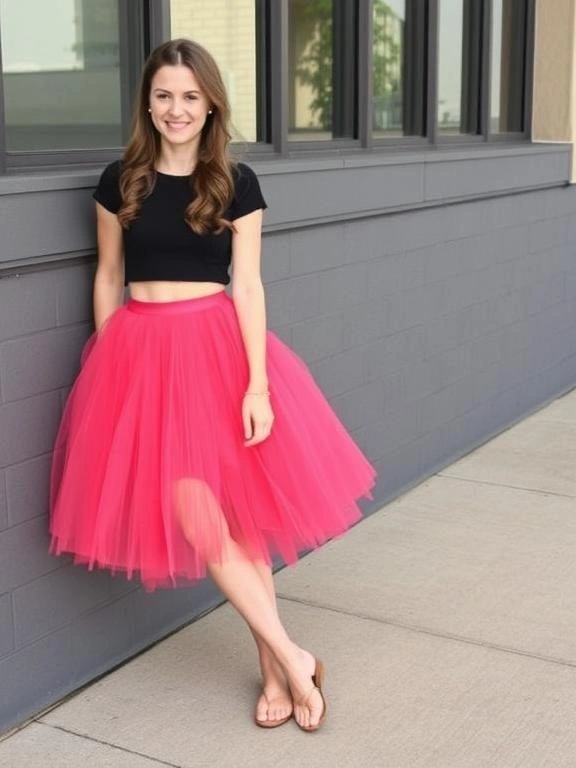 A playful tulle skirt paired with a cropped top, creating a fun and flirty look with feminine flair.