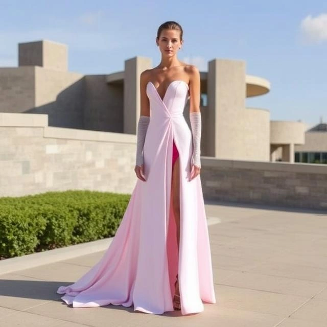 An architectural evening gown with bold, striking lines and sharp structure.