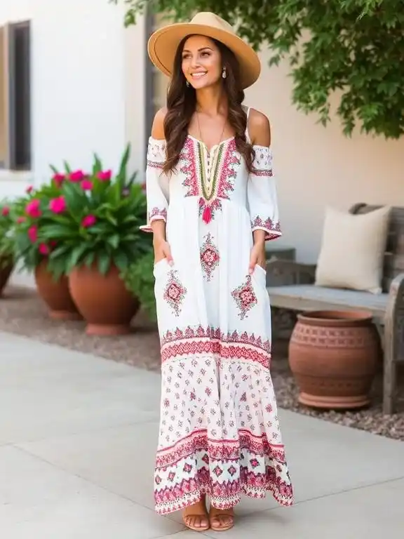 Flowing boho chic maxi dress with a relaxed vibe.