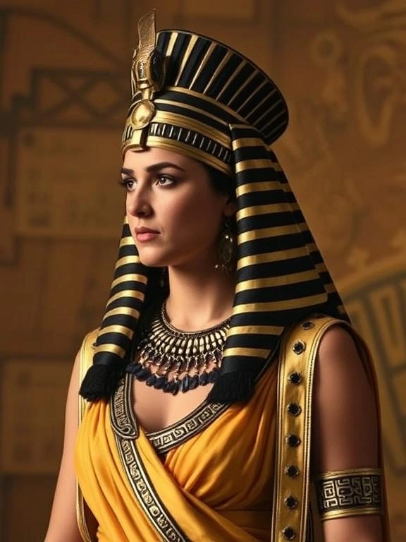 Cleopatra in regal attire, showcasing her powerful and elegant Egyptian-inspired style.