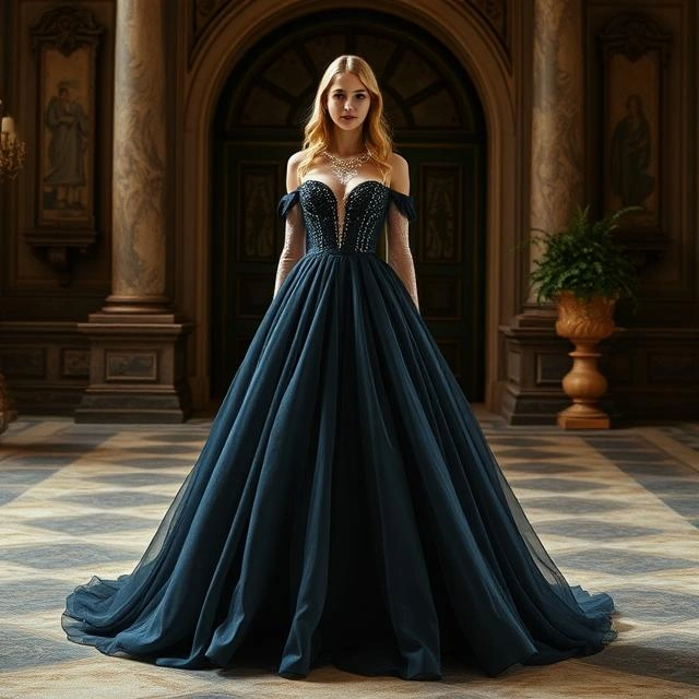 A stunning woman in a timeless ball gown, radiating elegance and grace at a formal event.