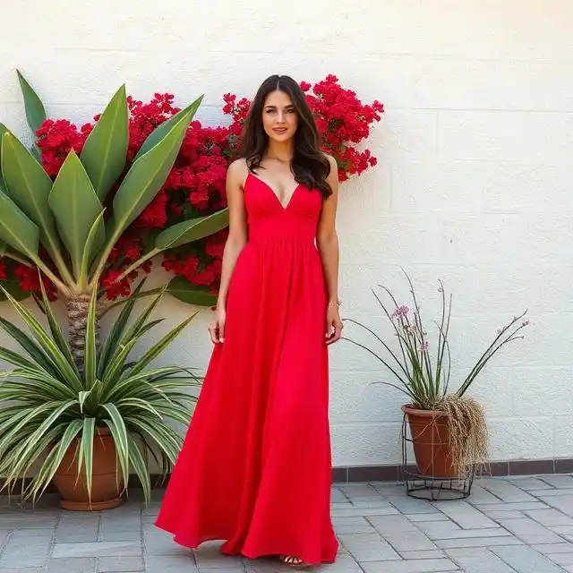 A confident woman in a bold red maxi dress, radiating elegance and power with a sleek and stylish look.