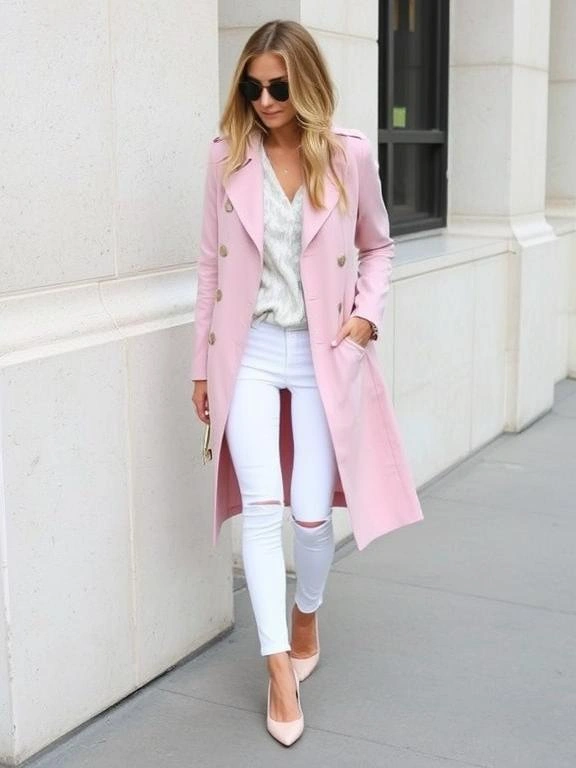 Stylish pastel trench coat paired with crisp white denim for a fresh, modern look. Perfect for spring outfits and casual fashion.