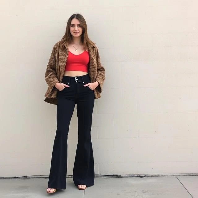 Woman wearing retro high-waisted bell-bottoms with a chic cropped top, embodying vintage boho style.