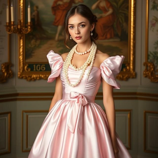 Soft pink satin Rococo dress embellished with pearls.