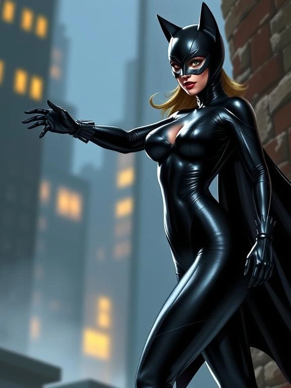 Catwoman in a sleek, form-fitting catsuit, exuding boldness and confidence.