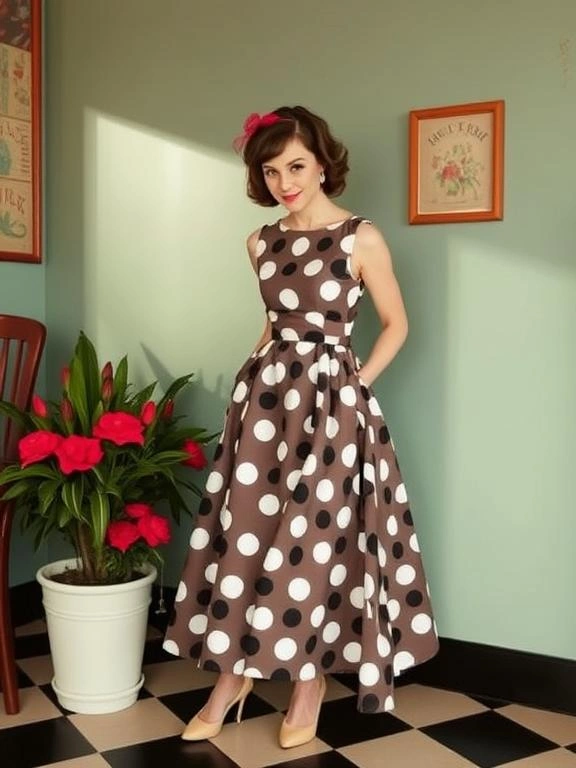 A charming polka dot midi dress with a flattering silhouette, offering a classic retro vibe with a modern twist.