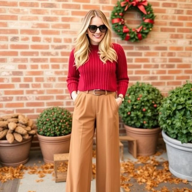 Cozy cropped sweater paired with wide-leg pants for a stylish and comfortable look.