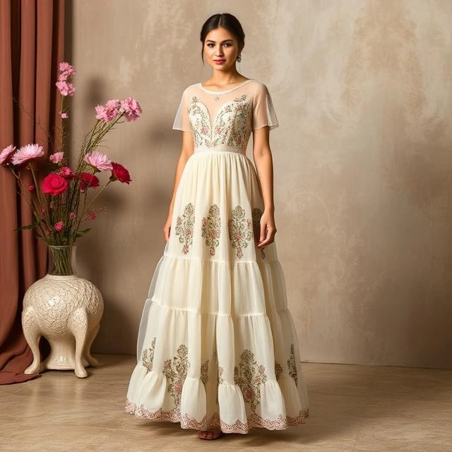 Woman in a dreamy tiered midi dress with elegant embroidery, radiating boho-chic charm.