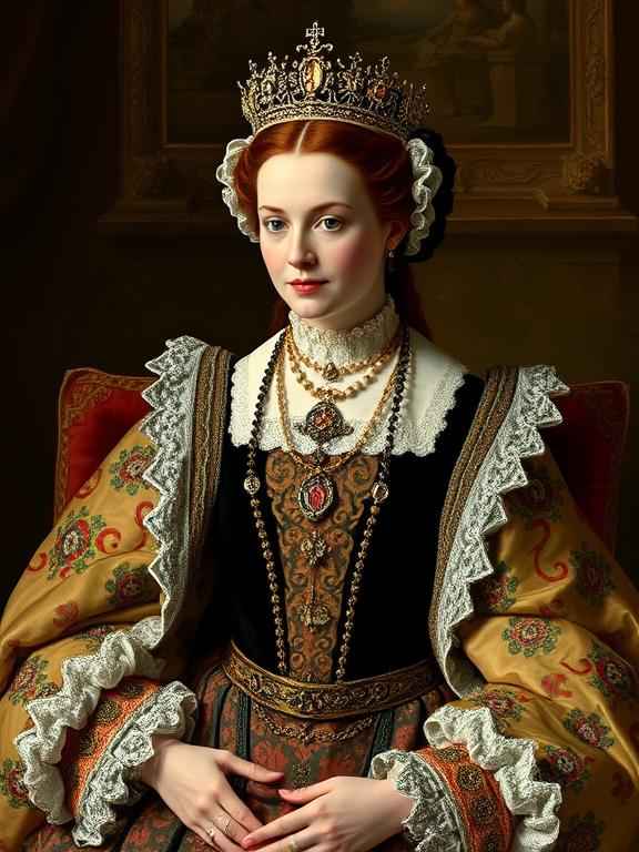 Queen Elizabeth I in an ornate gown, showcasing her regal and distinctive fashion style.