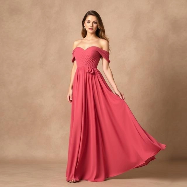 Plus-size off-shoulder maxi dress with a graceful and elegant design for wedding guests.